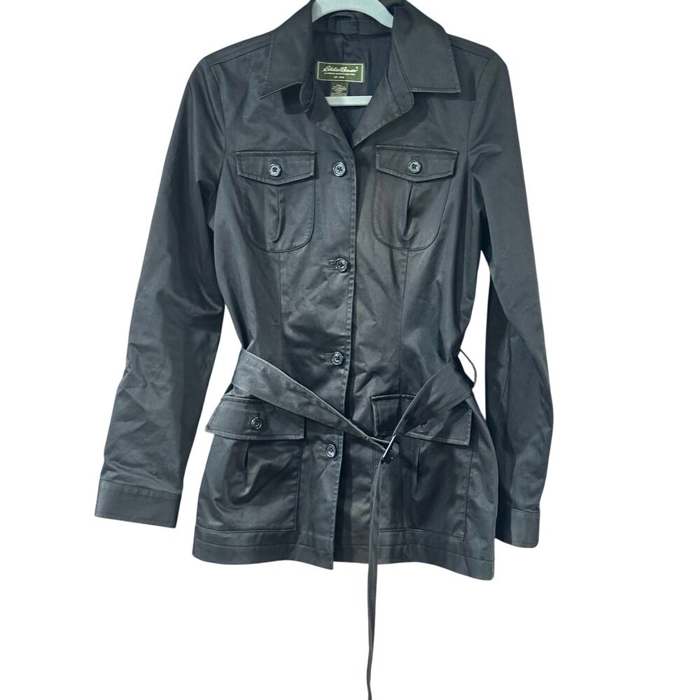 Eddie Bauer Women’s Black Belted Rain Jacket Trench Coat Medium Tall Collared